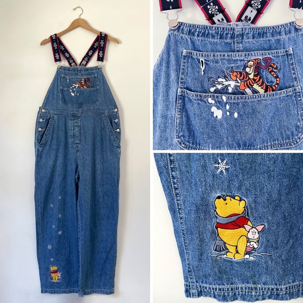 Vintage Disney Store Pooh Tigger Denim Overalls Large Winter Kidcore 90s Y2K